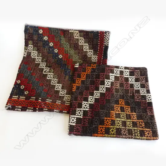 2 TURKISH KELIM CUSHION COVERS; 1 400X 400mm, 1 500x 500mm EARTHY TONES 
