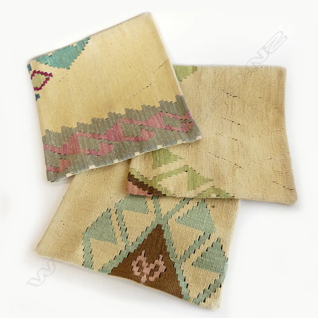 3 ASST TURKISH KELIM CUSHION COVERS 400 X 400mm CREAM BACKGROUND WITH PINKS, GREENS, BLUES  Image 1++