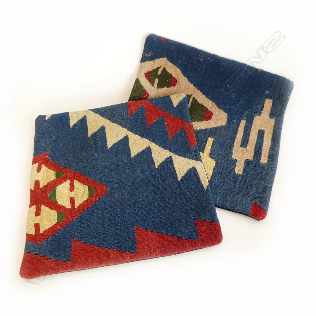 2 TURKISH KELIM CUSHION COVERS, BLUE TONES 400 X 400mm Image 1++