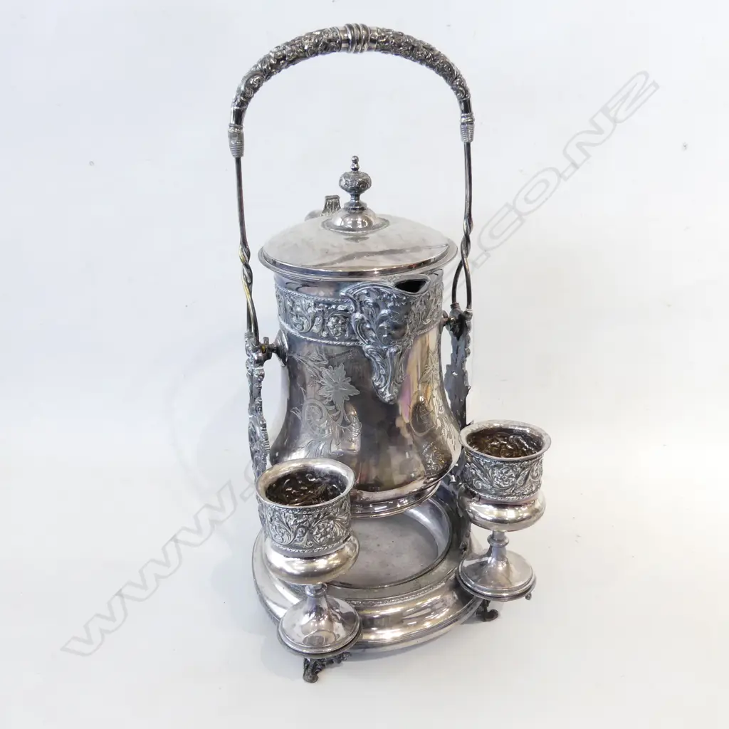 LG VICTORIAN SILVER PLATE LIDDED POURING JUG ON STAND WITH 2 GOBLETS H. 540mm Image 1++