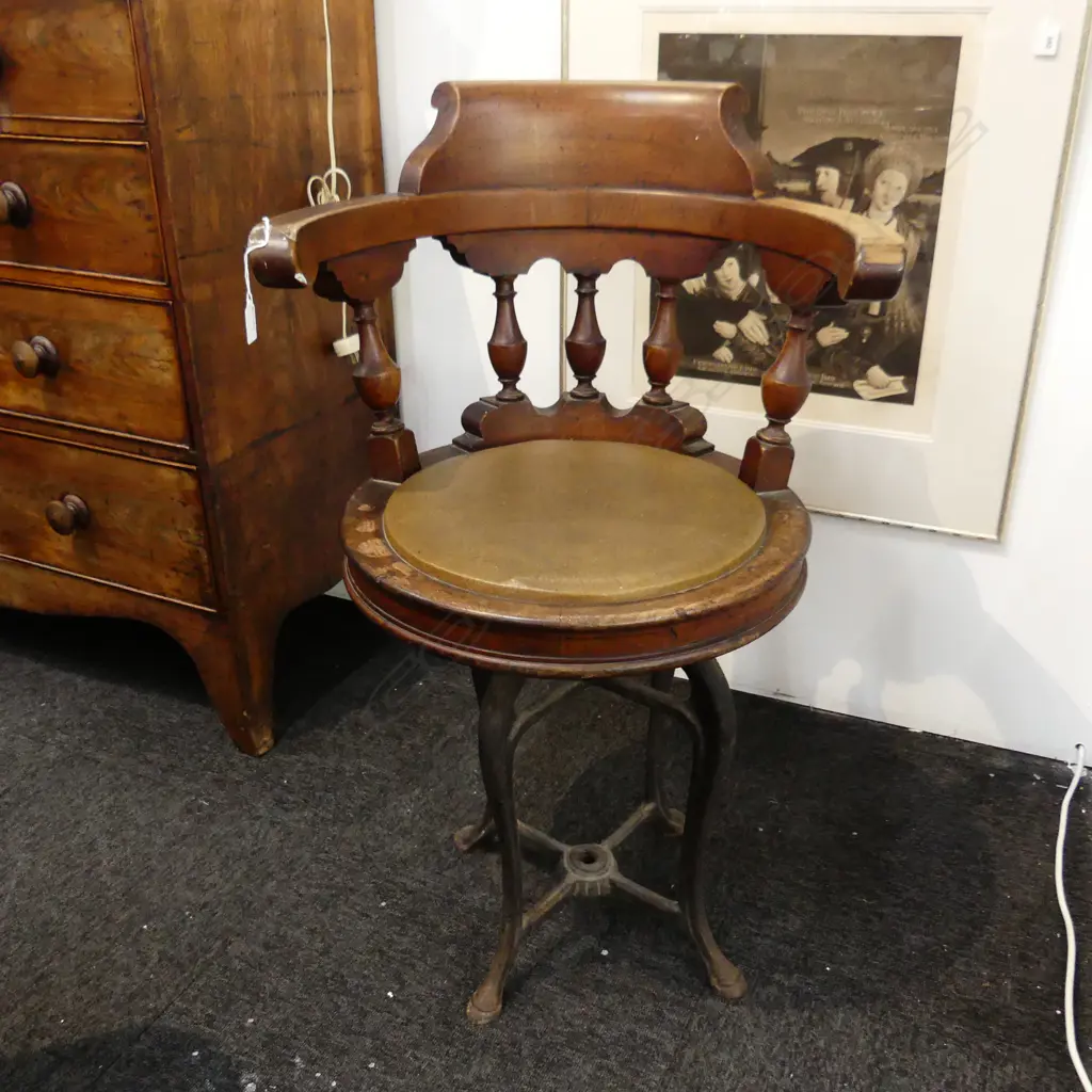 ANTIQUE MAHOGANY SHIP CAPTAINS SWIVEL CHAIR ON CAST IRON BASE H.890mm Image 1++