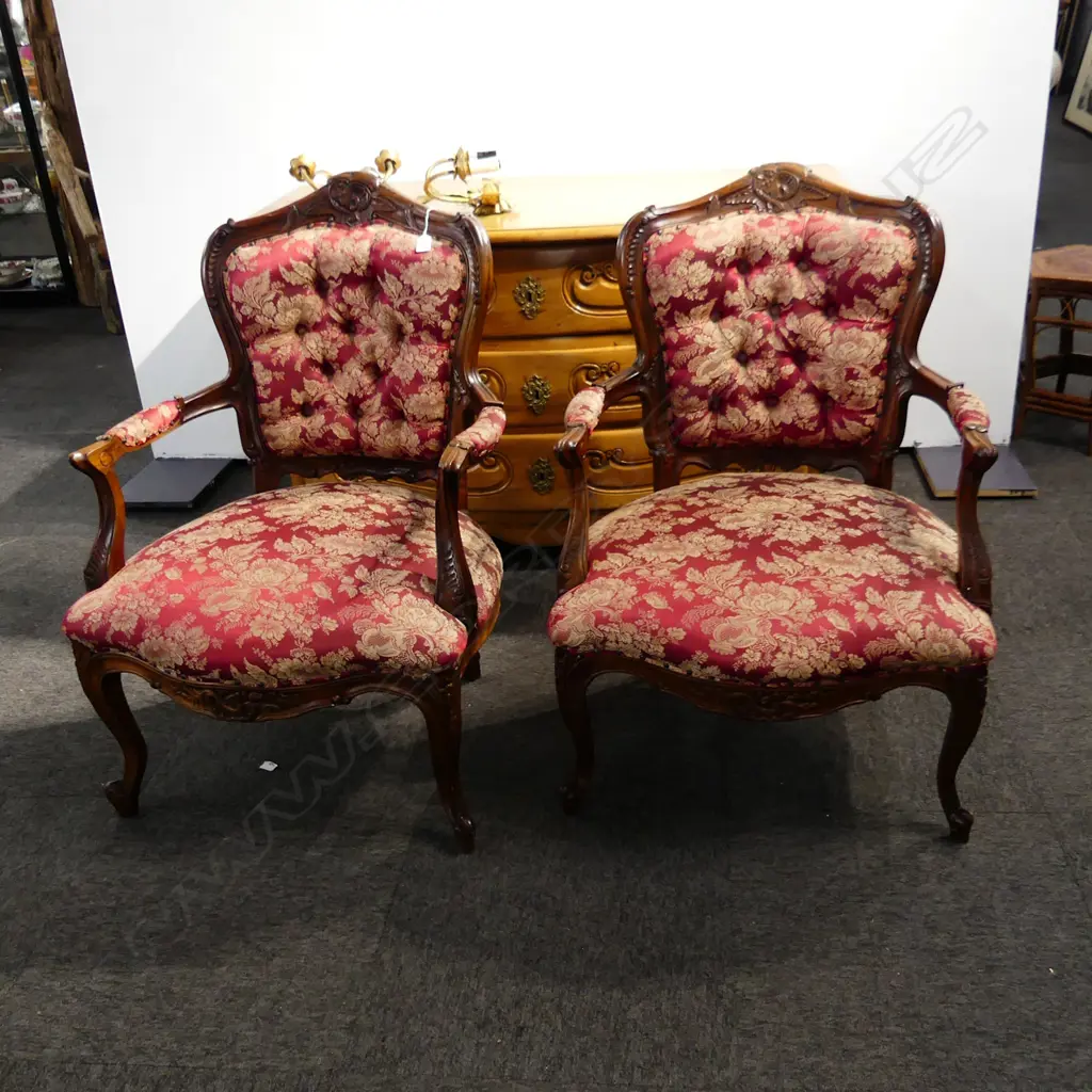 PR FRENCH STYLE BERGERE ARMCHAIRS IN FLORAL BURGUNDY UPHOLSTERY Image 1++