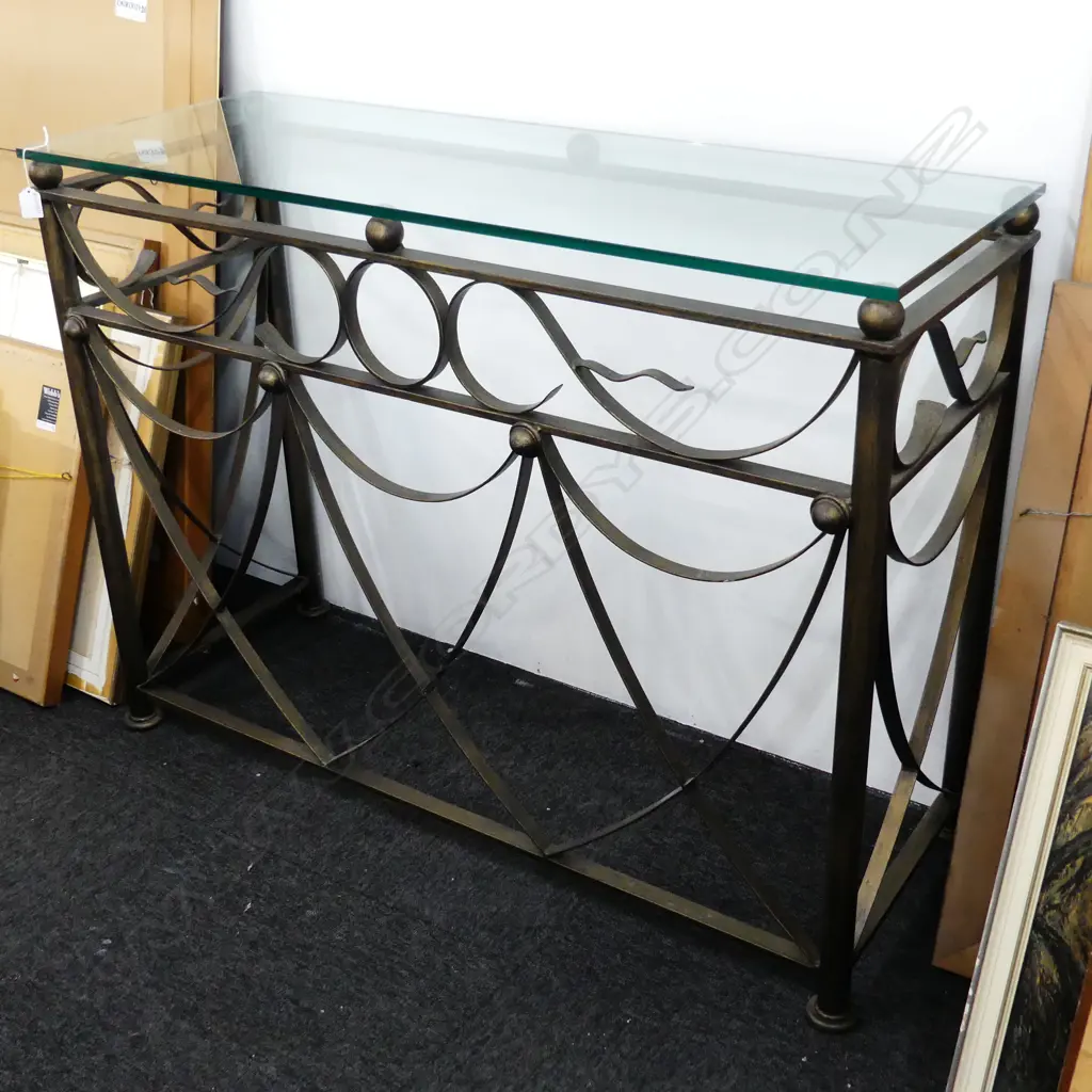 WROUGHT IRON CONSOLE TABLE - GLASS TOP 1100x400x815mm Image 1++