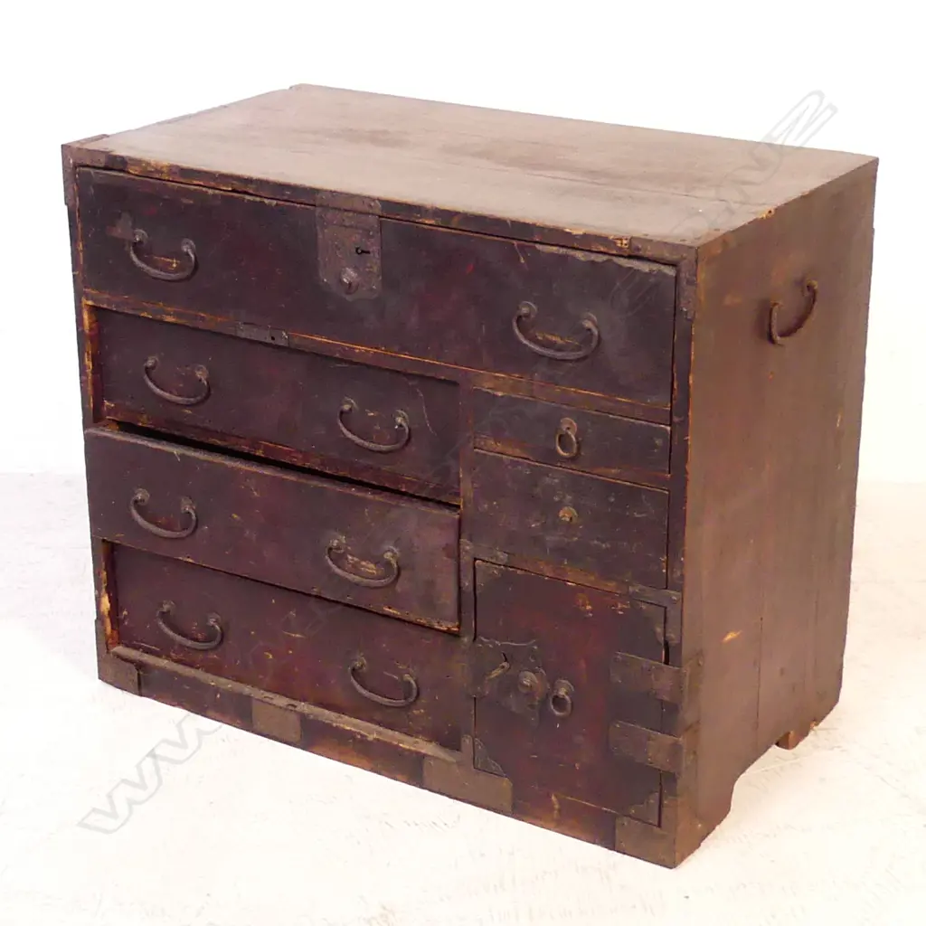 19thC JAPANESE SMALL / BEDSIDE TANSU CHEST8 drawers 1door 590x330 x 500mm Image 1++