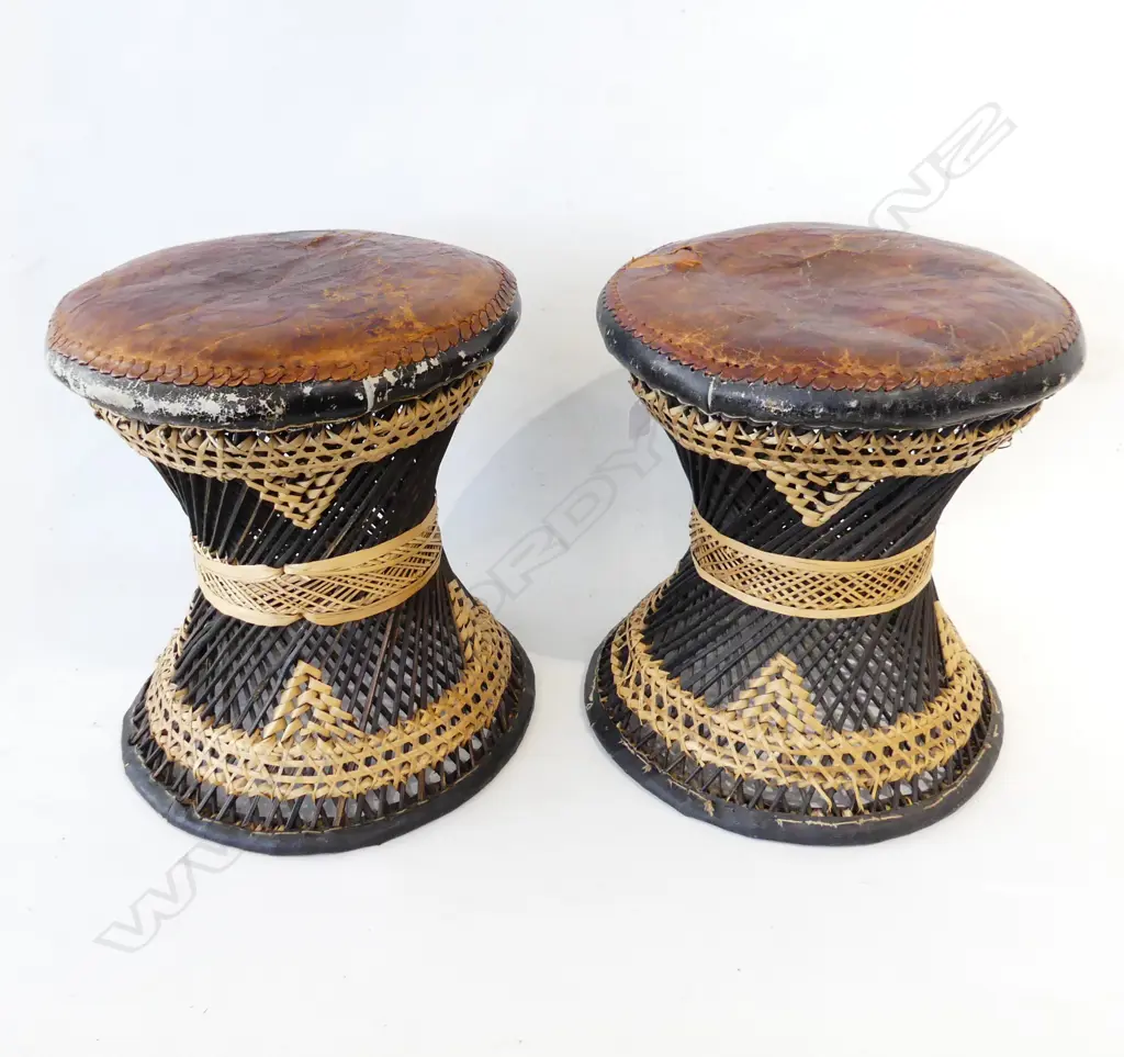 PR 1940’S EAST ASIAN LEATHER & FLAX STOOLS H370MM Image 1++
