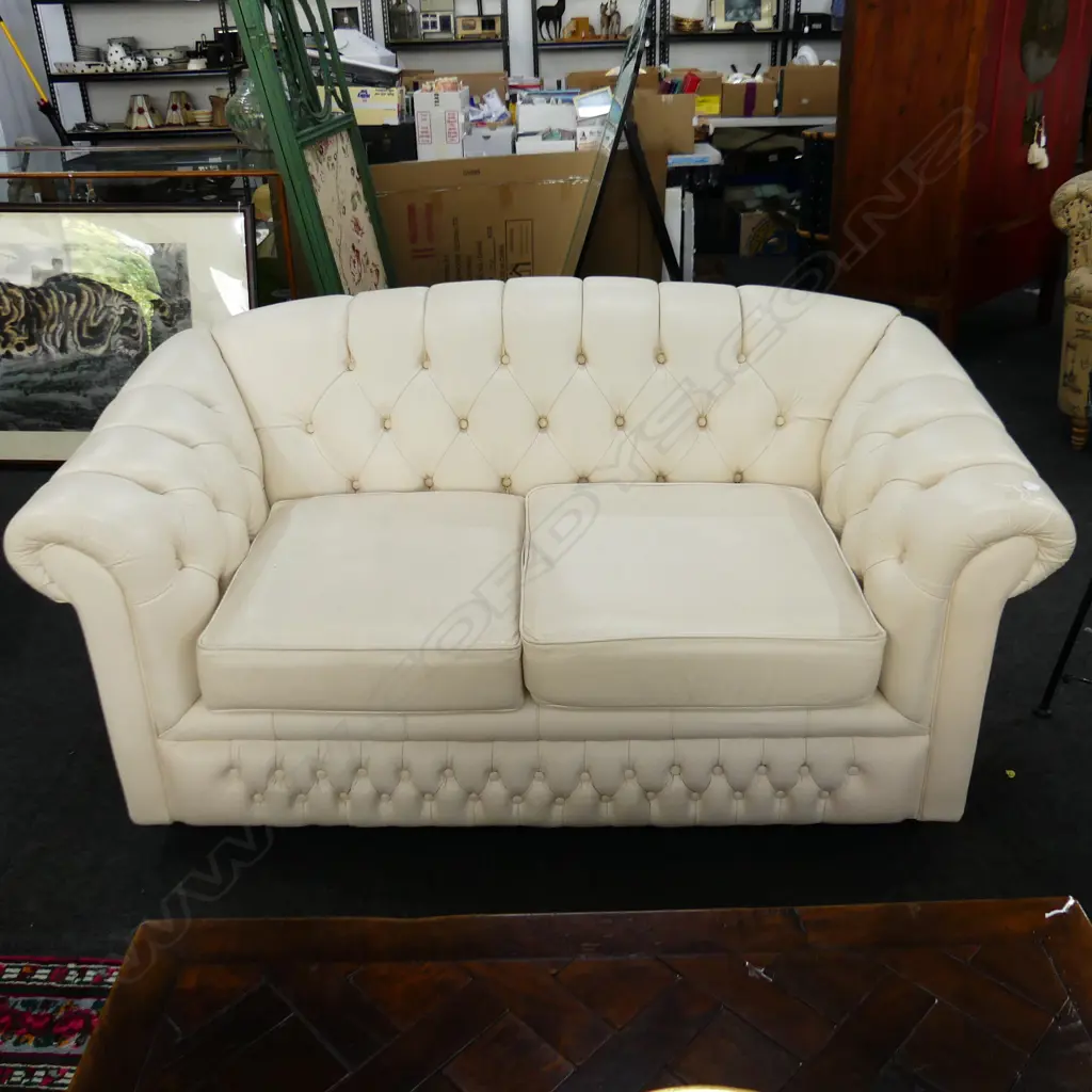 FULL GRAIN AUST. WHITE LEATHER 2 SEATER CHESTERFIELD SOFA 1700x900x870mm Image 1++