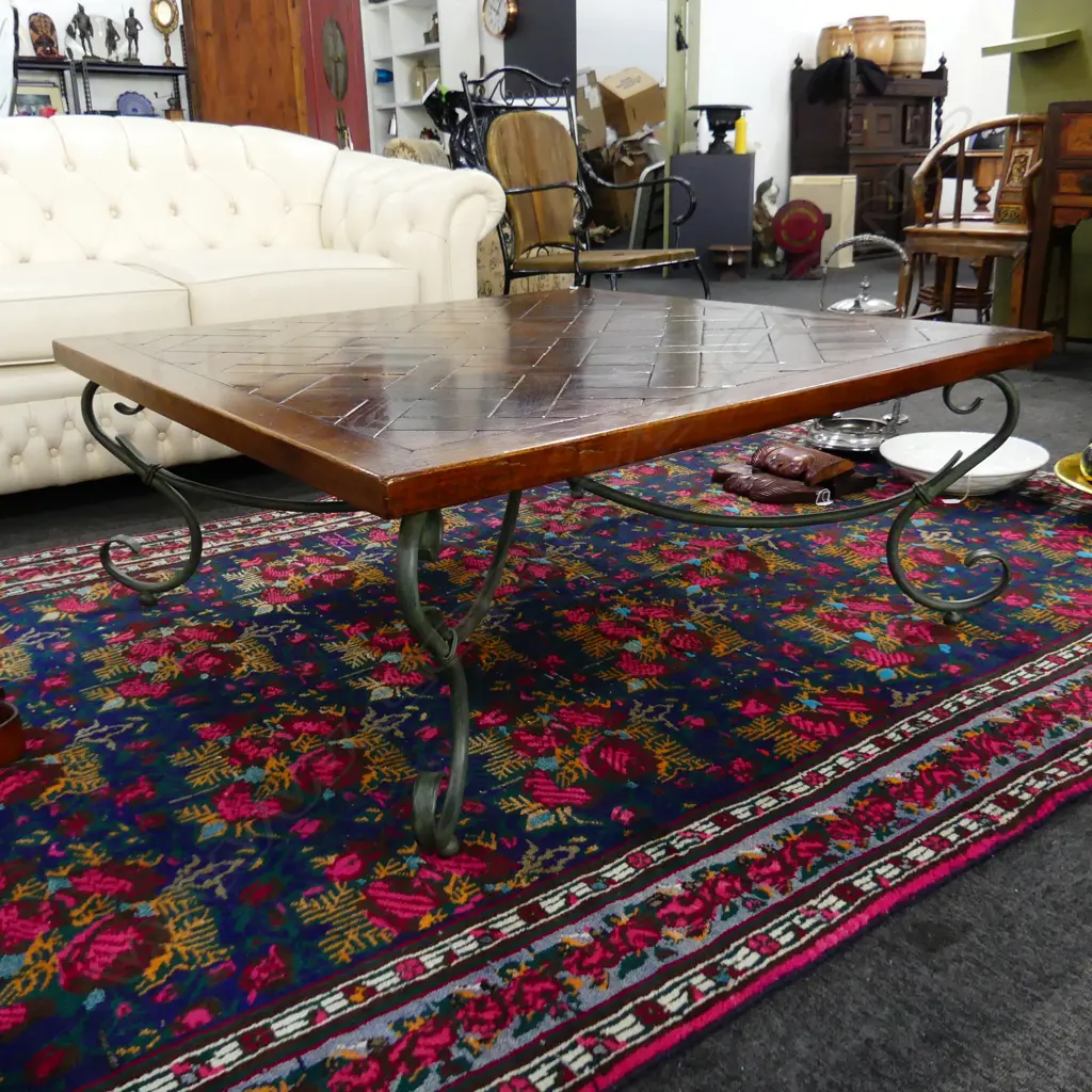 SQUARE COFFEE TABLE - OAK PARQUET TOP / IRON BASE 1100x1100x455mm Image 1++