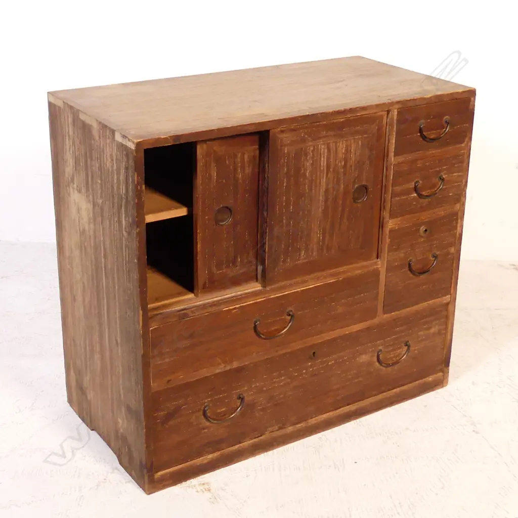 VINTAGE JAPANESE SMALL TANSU CHEST 5 drawers + pr doors. H.545mm Image 1++