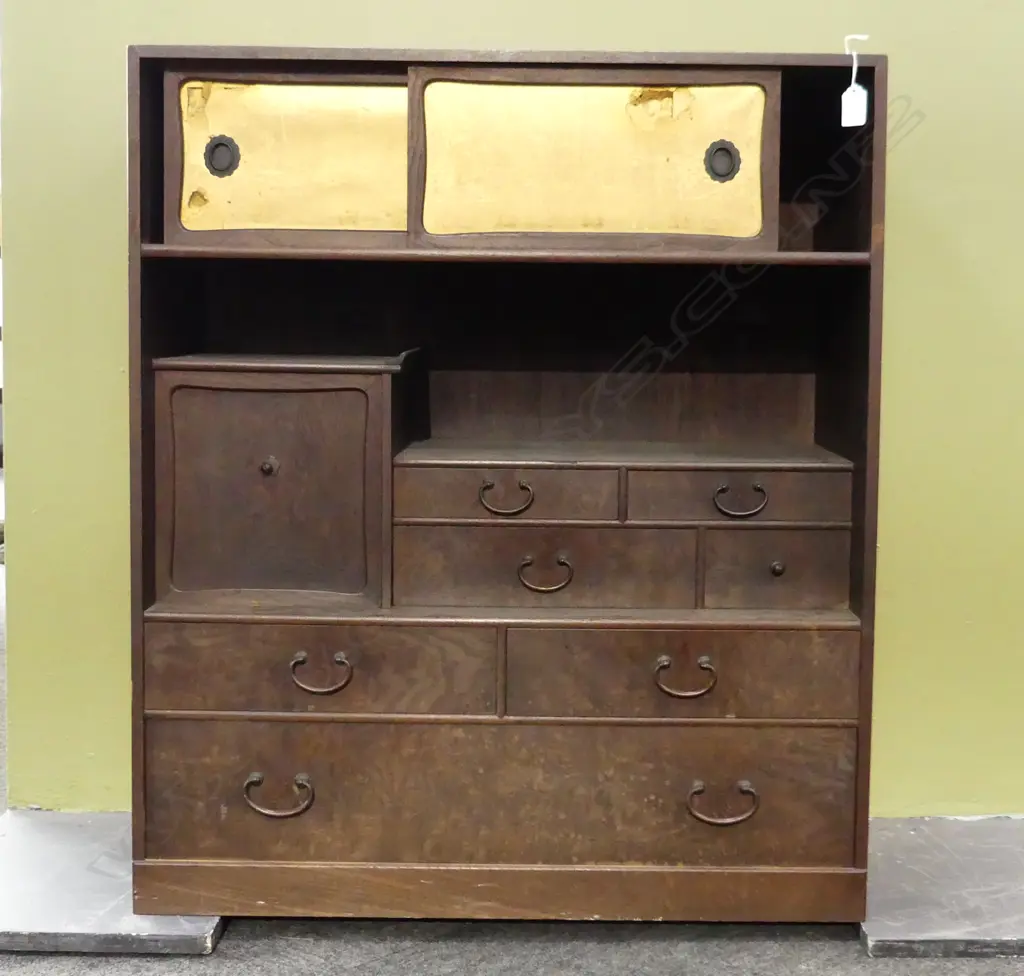 VINTAGE JAPANESE TEA CEREMONY TANSU CABINET pr gilded doors faulted + 7 drawers & other small door H.810mm exotic wood Image 1++
