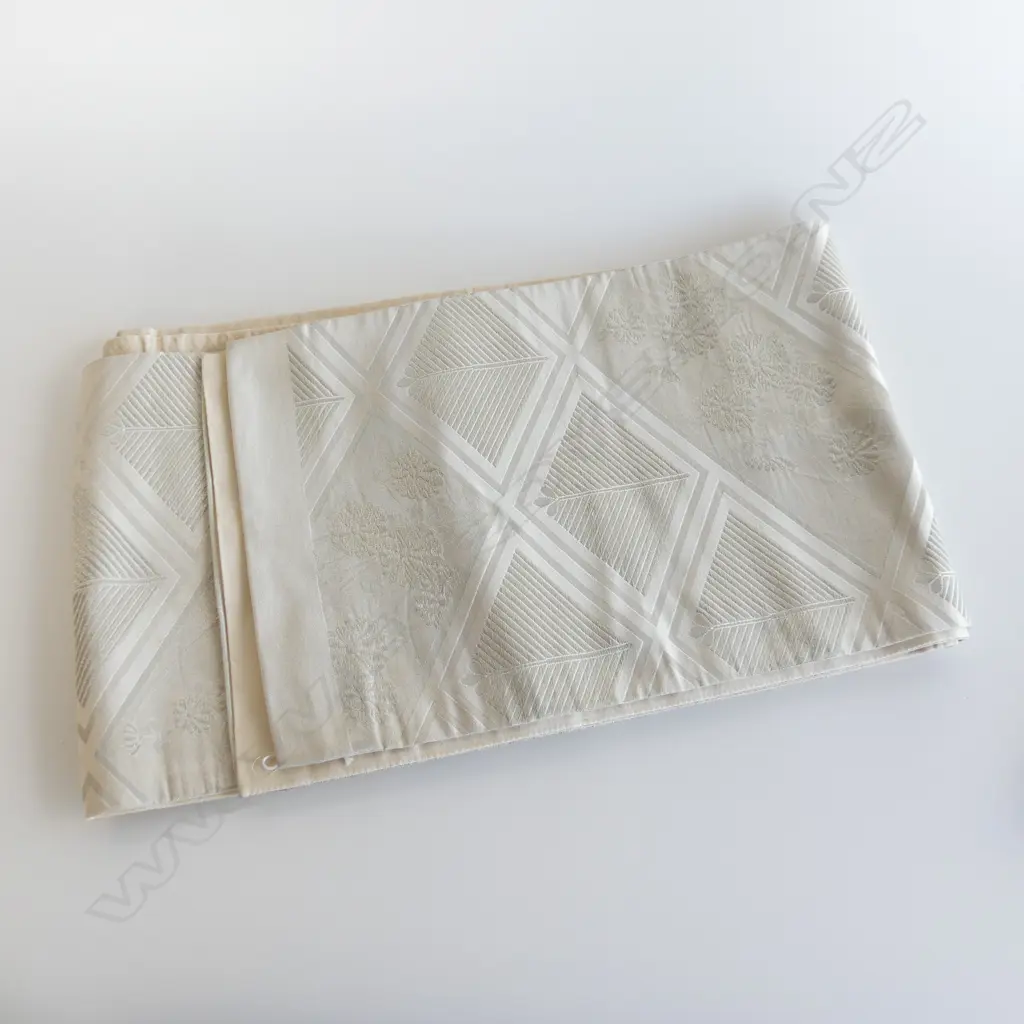 VINTAGE JAPANESE SILK OBI SILVER GEOMETRIC AND FLORAL PATTERN L.4140mm Image 1++