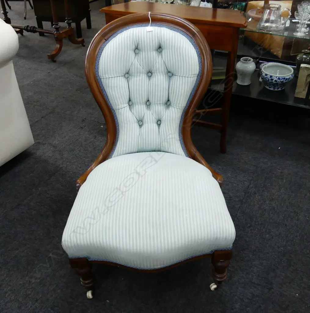 VICTORIAN GRANDMOTHER CHAIR IN GREEN STRIPED UPHOLSTERY Image 1++