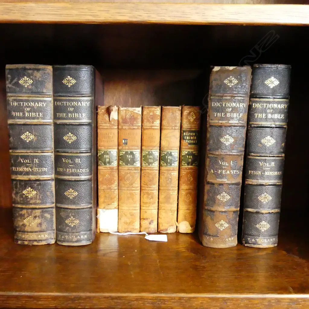 SETS OF ANTIQUARIAN RELIGIOUS BOOKS; DICTIONARY OF THE BIBLE 4 VOLUMES 1901 & MILNERS CHURCH HIST, LEATHER 5 VOLS. 1824 Image 1++