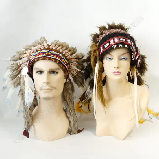 MALE & FEMALE MANIKIN BUSTS w. NATIVE AMERICAN SOUVENIR HEADDRESSES H.500mm
