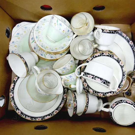 BOX LOT ASST. CHINA; COALPORT 'RICHMOND' PART DINNER SERVICE, GRAFTON TEA SET