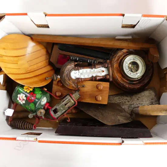 BOX – BLOW TORCH, TROWEL, BAROMETER, DESK STAND, NZ TIMBERS BOW, SKIRT MEASURE JAPANESE SAW ETC