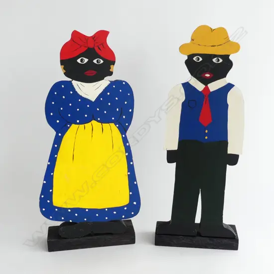 2 PAINTED WOODEN CUT OUT FIGURES; MAN & WOMAN, INITIALED J.R.W. '92 H.360mm