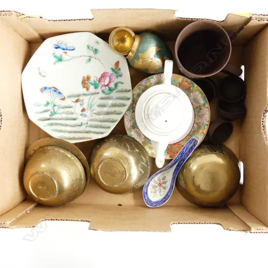 BOX OF CHINESE POTTERY AND BRASS – TEAPOT, LIDDED JAR, BOWLS, DISHES, CUPS, SPOON ETC