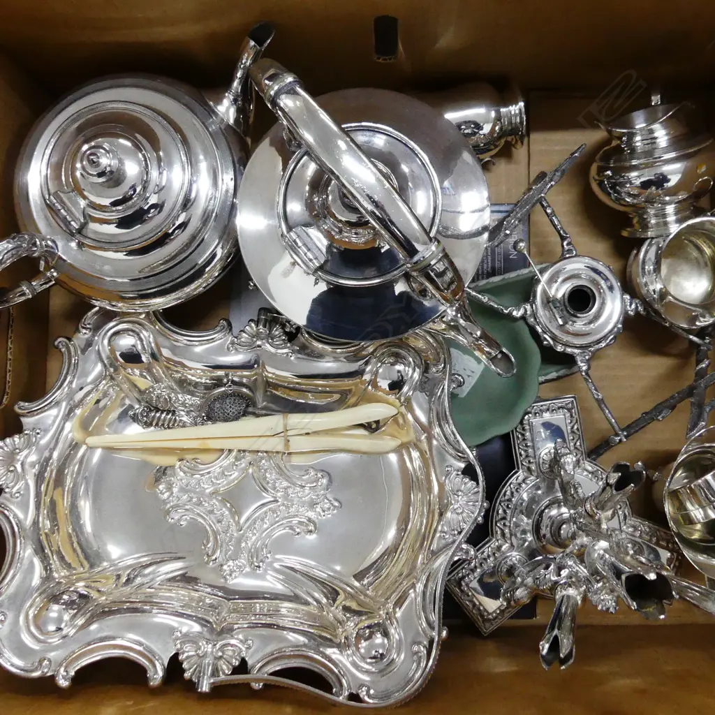 BOX LOT ASST. EPNS INCL. SPIRIT KETTLE ETC Image 1++