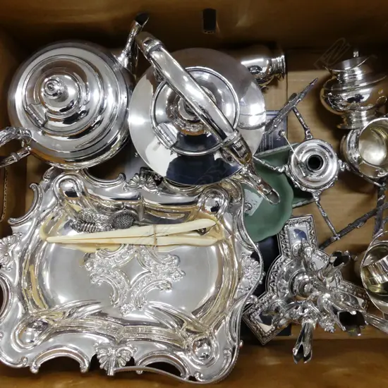 BOX LOT ASST. EPNS INCL. SPIRIT KETTLE ETC