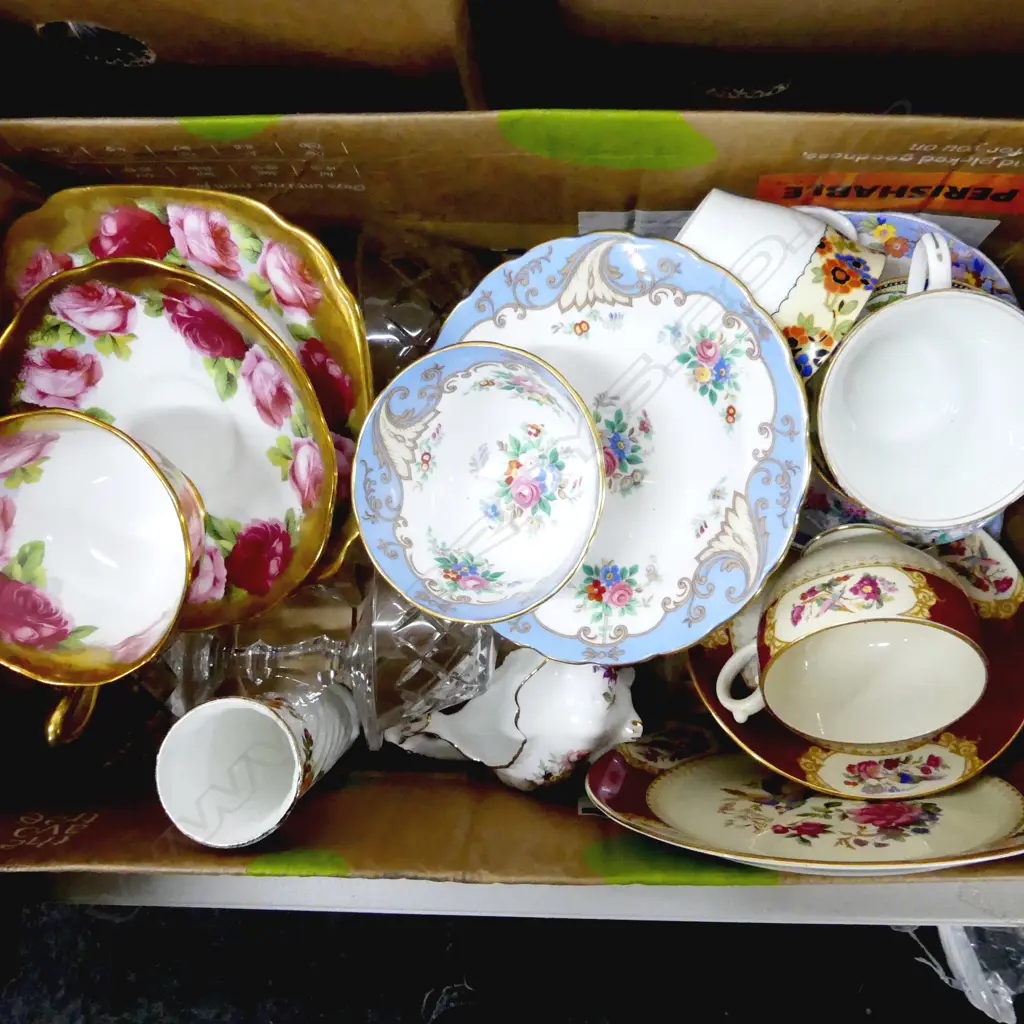 BOX LOT ASST. CHINA; 5 TRIOS + 6 CRYSTAL COUPES ETC Image 1++