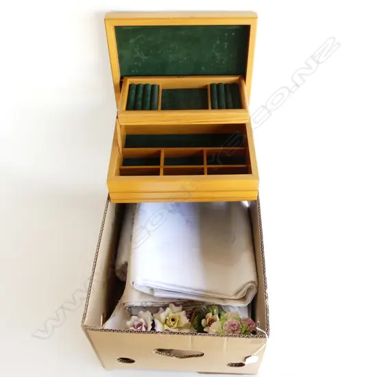 BOX LOT ASST. LINENS + WOODEN JEWELLERY BOX W.330mm