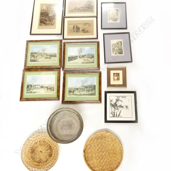 BOX LOT PRINTS, CHINESE BRASS BOWL ETC