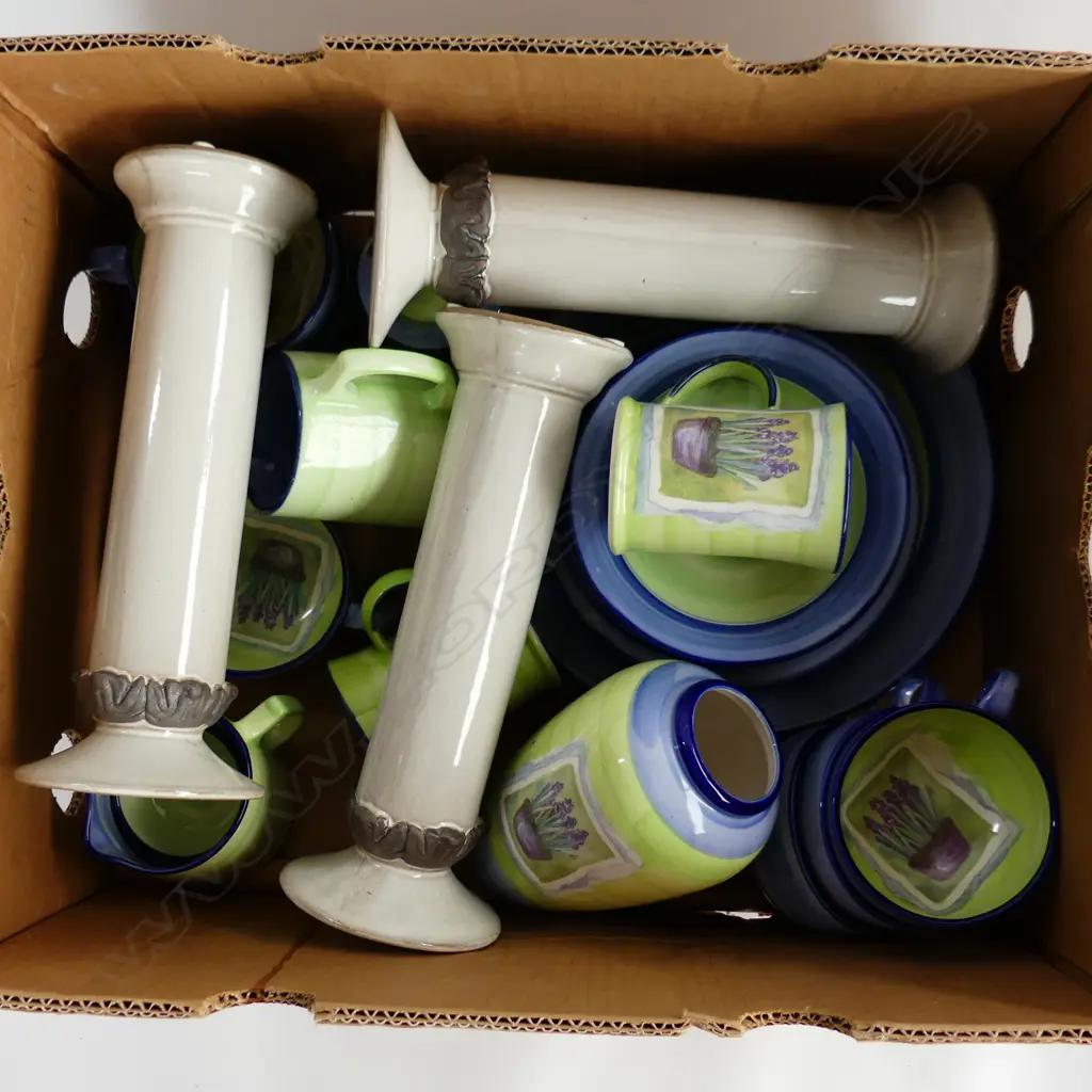 BOX LOT CHRISTOPHER VINE DESIGN TEA SET; 6 TRIOS, 3 CANDLE HOLDERS ETC Image 1++