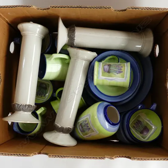 BOX LOT CHRISTOPHER VINE DESIGN TEA SET; 6 TRIOS, 3 CANDLE HOLDERS ETC