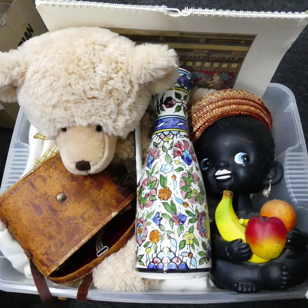 BOX LOT FABRIC, AFRICAN CERAMIC BOBBLE HEAD CHILD, BINOCULARS, TEDDY, CAPITELLI CALENDER, VASE AF Image 1++