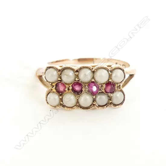 9CT RED STONE & PEARL RING. 2GMS minor faults to stones and pearls