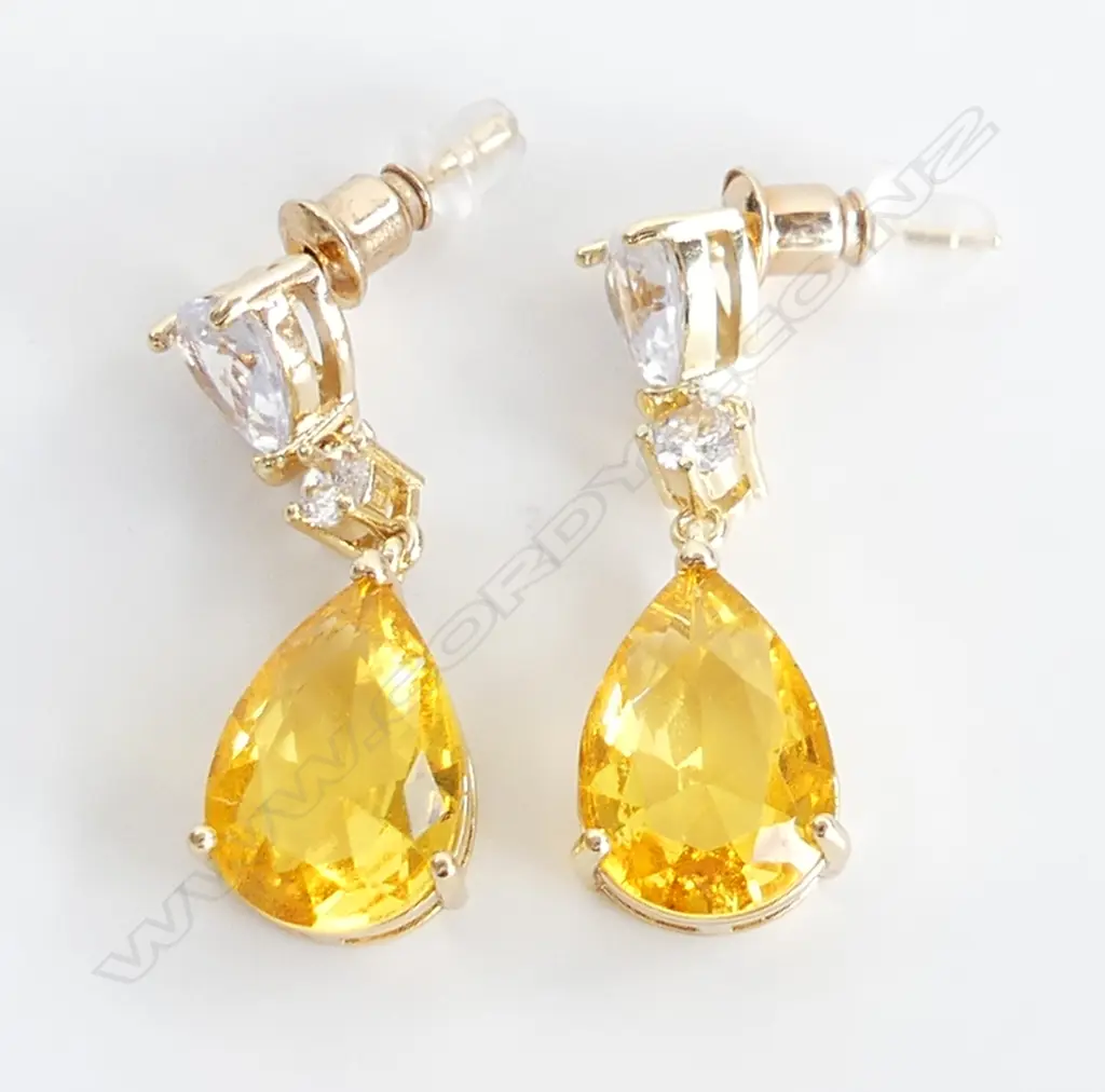 PR GOLD TONE 4CT FAUX CITRINE & CZ DROP EARRINGS  Image 1++