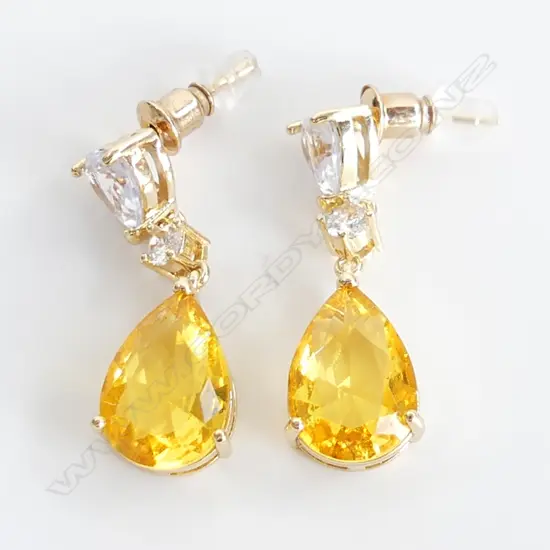 PR GOLD TONE 4CT FAUX CITRINE & CZ DROP EARRINGS 
