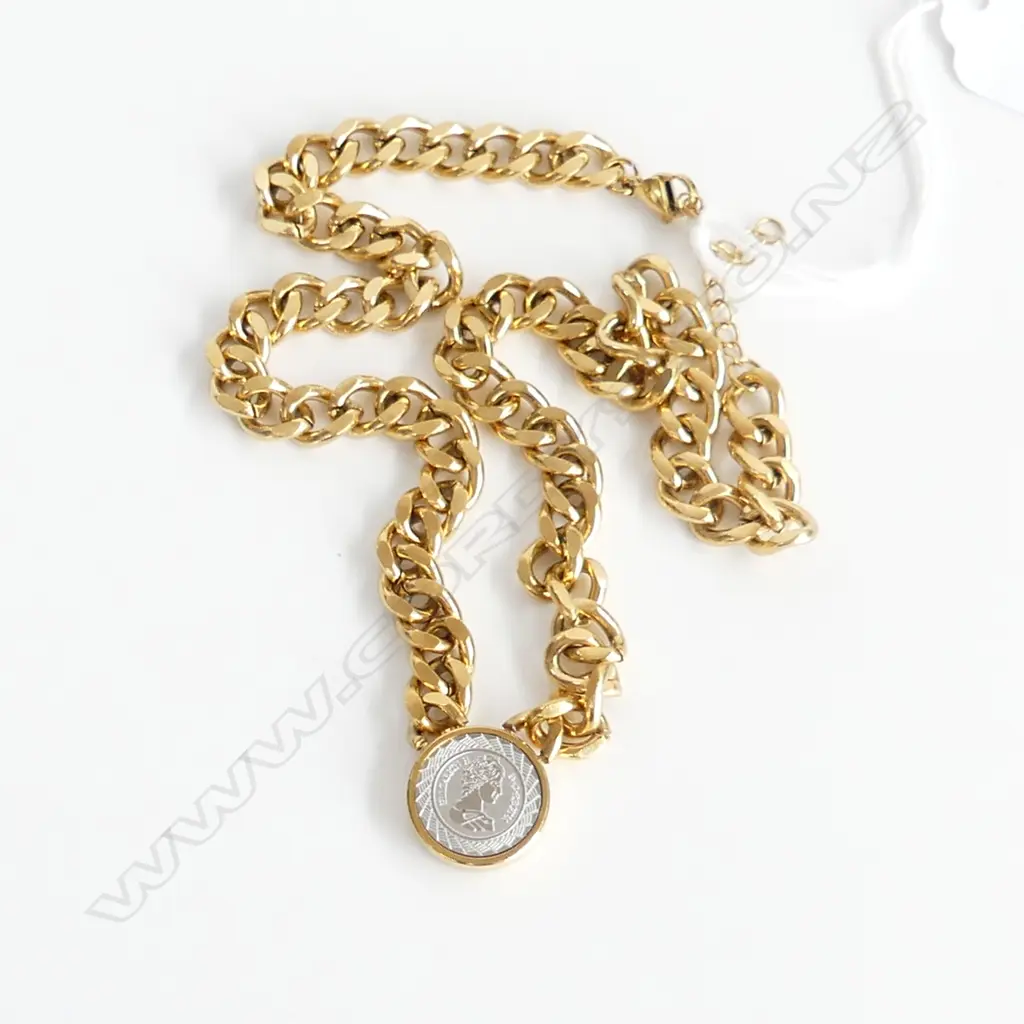 HEAVY GOLD GILT CURB LINK CHAIN NECKLACE WITH 'HR' ELIZABETH COIN PENDANT Image 1++