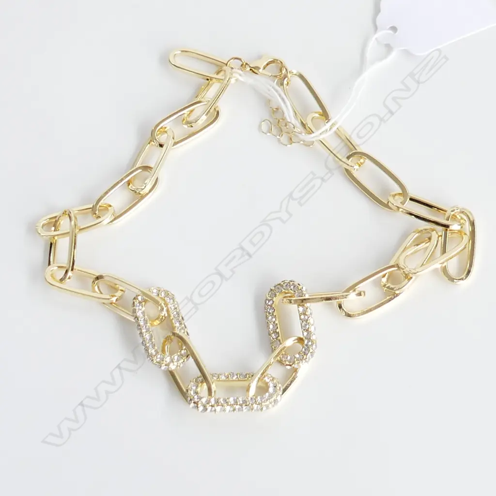 MODERN DESIGNER GOLD GILT LINK & CZ NECKLACE  Image 1++