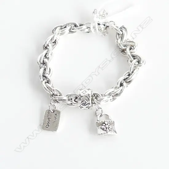 925 SILVER PLATED LINK  BRACELET WITH GOOD LUCK  & PADLOCK CHARMS