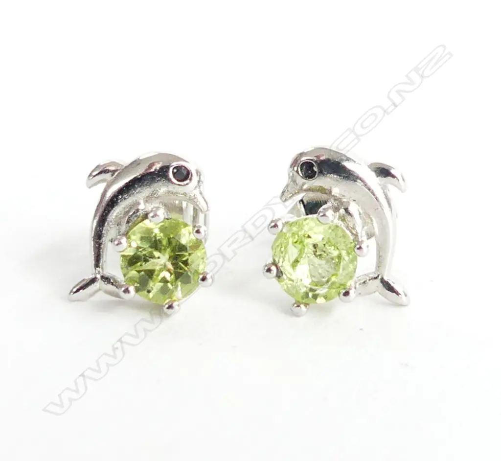 PERIDOT & SILVER DOLPHIN STUD EARRINGS Image 1++