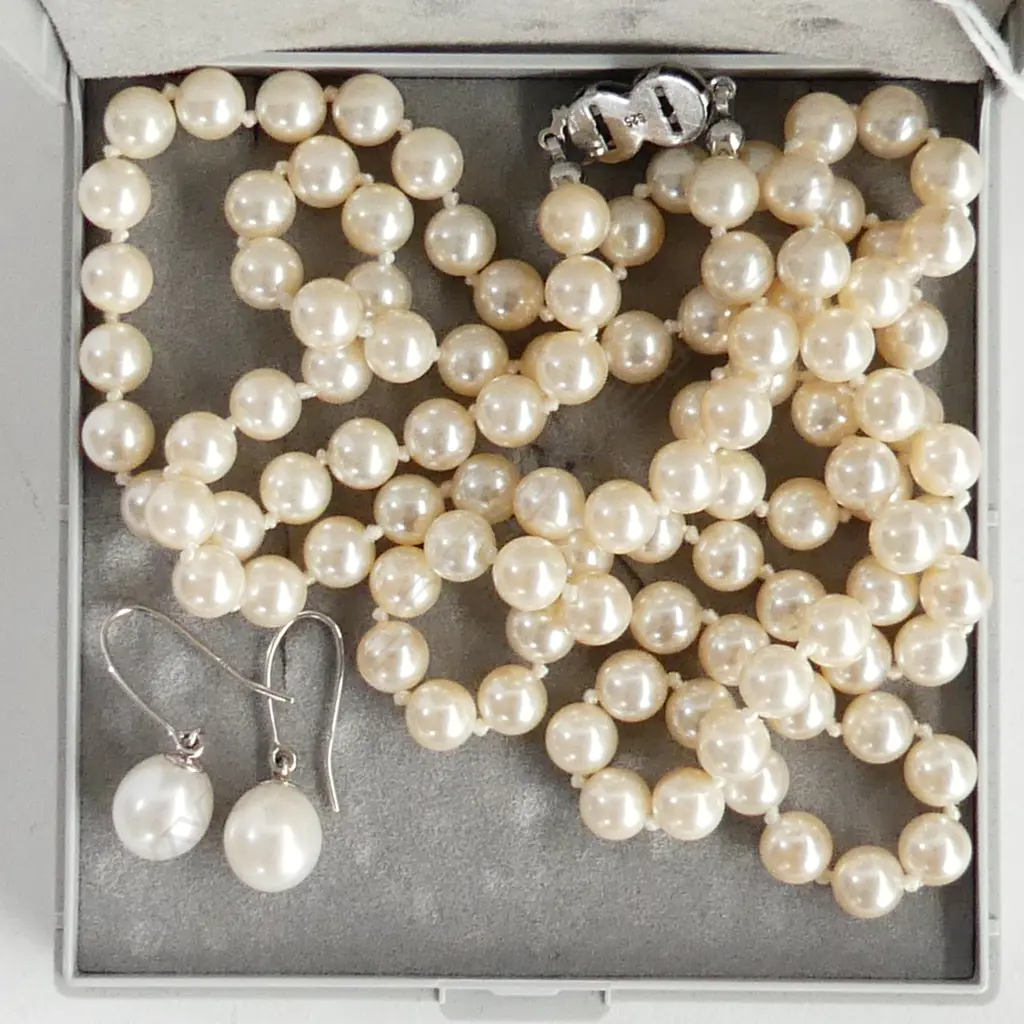 PEARL DROP HOOK EARRINGS & LONG STRAND FAUX PEARL NECKLACE, 925 SILVER HOOKS & LOCKS Image 1++