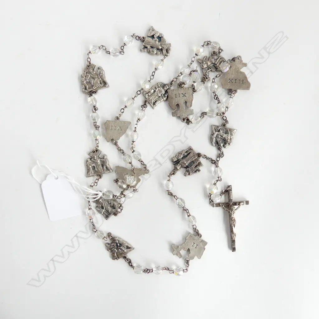SET LONG VINTAGE ITALIAN ROSARY BEADS WITH STATIONS OF THE CROSS, FACETED CLEAR RHINESTONE BEADS Image 1++