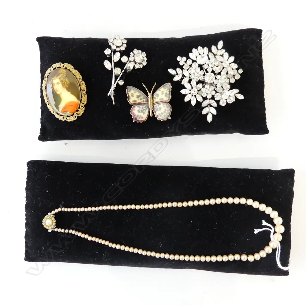 4 BROOCHES + FAUX PEARL NECKLACE Image 1++