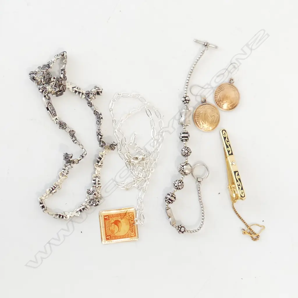 5 PCES JEWELLERY; 925 SILVER & MARCASITE NECKLACE 28 GRAMS, STAMP NECKLACE, BRACELET, 2c COIN EARRINGS, TIE PIN Image 1++