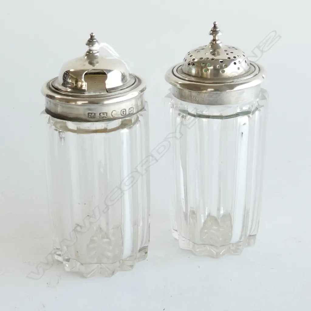  2 large Stg topped cut glass mustard and pepper.Sheffield 1874. Image 1++