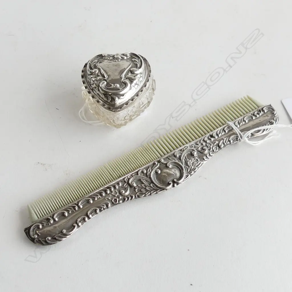 Stg top heart shape cut glass box and Stg top comb. Both Birm 1906. Image 1++