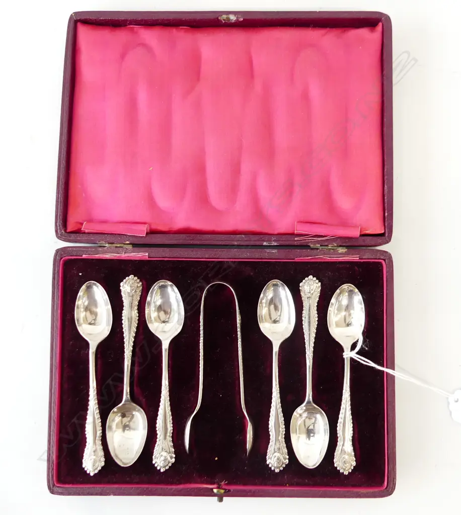 Cased Stg Silver Teaspoons and tongs. Birm 1898, 112gms. Image 1++