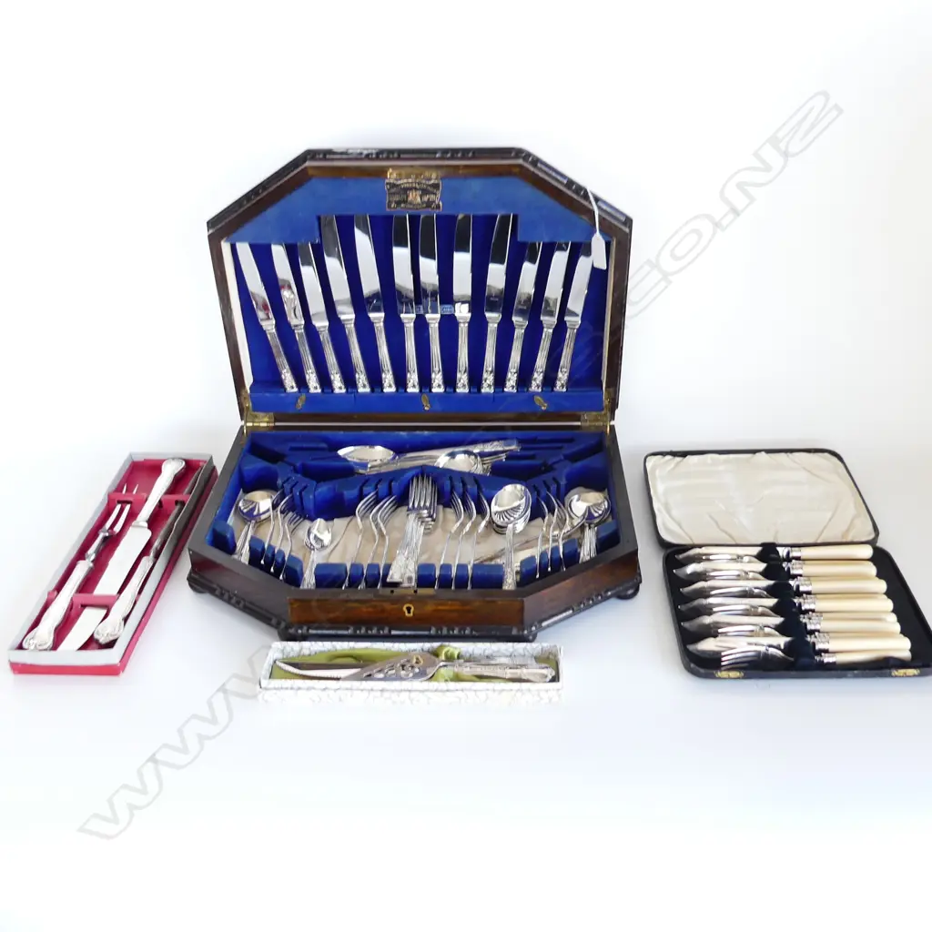 EP CUTLERY CANTEEN VINERS 'SPRINGTIME' W.460mm + 12 PCE FISH SET, CASED + CAKE & CARVING SETS, BOXED Image 1++
