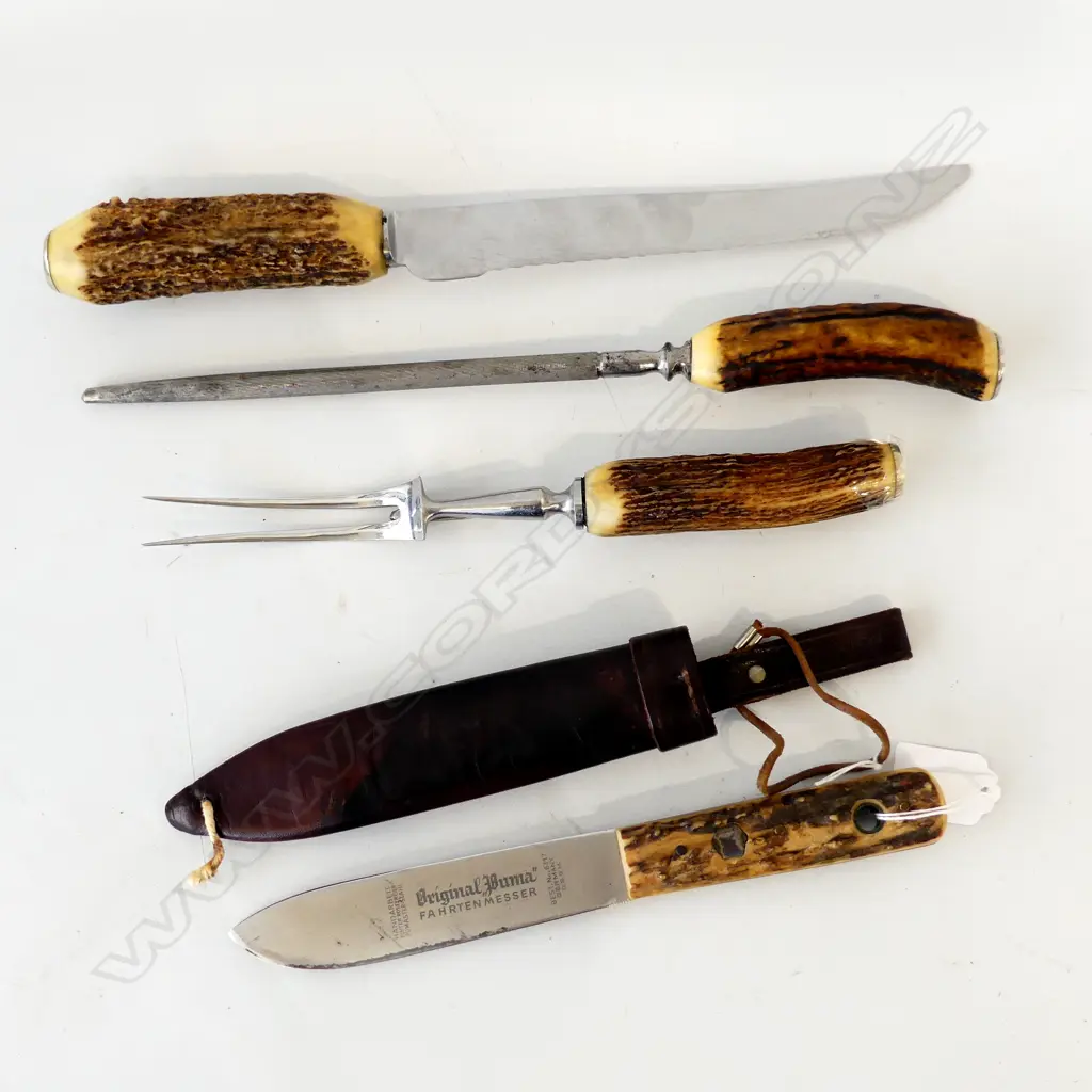 HORN HANDLED 3 PIECE CARVING SET AND BUMA FAHRTENMESSER HUNTING KNIFE. Image 1++