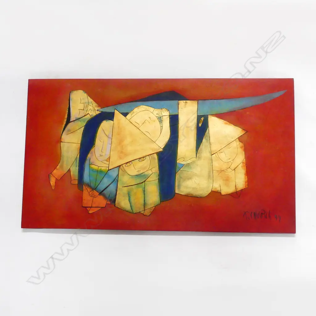 Thanh Chuong (Vietnamese 1949-) 3 paintings lacquer & gold leaf on wood. 350 x 620mm... Image 1++