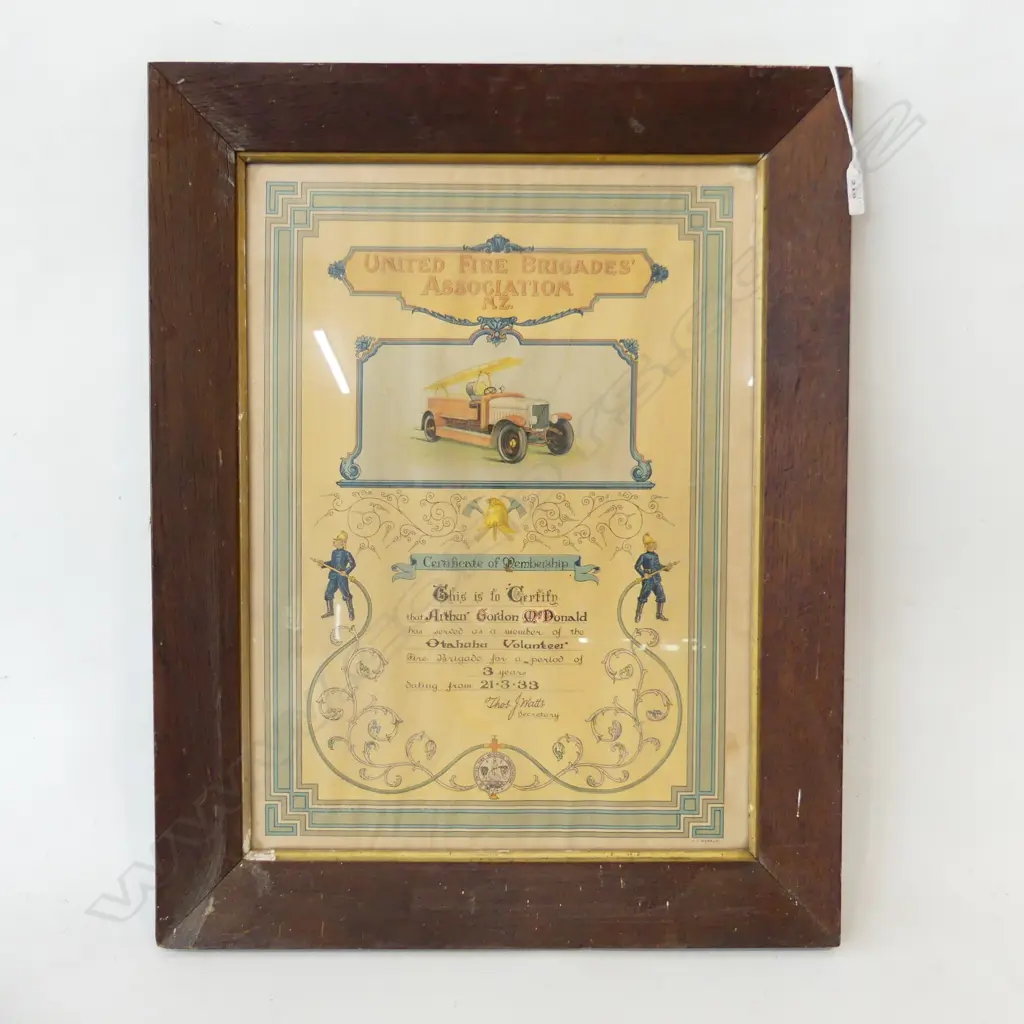 FRAMED FIRE BRIGADE CERTIFICATE 1933 480x350mm Image 1++
