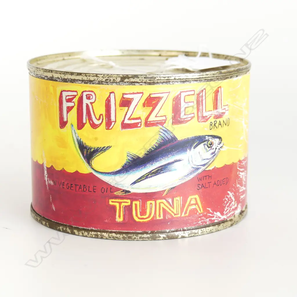 DICK FRIZZELL TUNA CAN w SCREENPRINTED LABEL H 70mm 100mm dia Image 1++