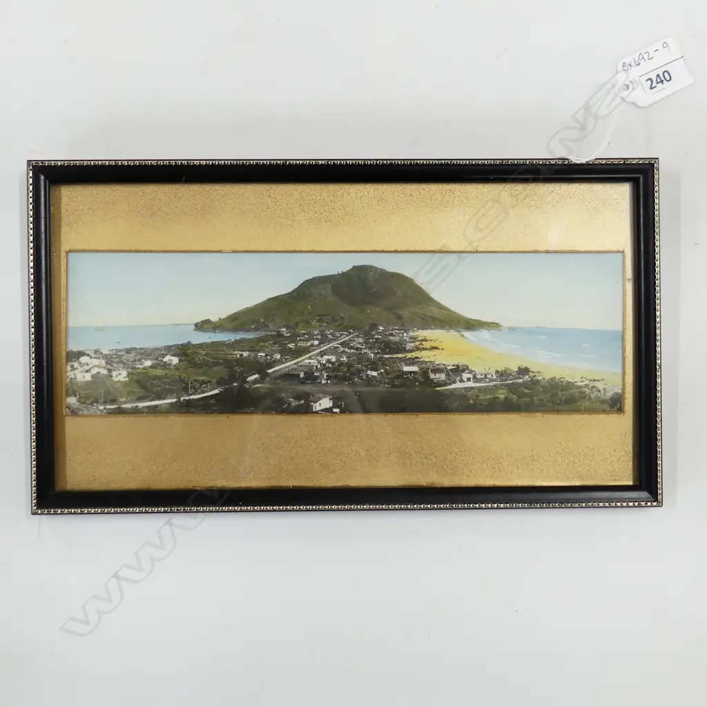 HANDCOLORED PHOTOGRAPH OF MOUNT MAUNGANUI C1940-150's, 245 X 70mm Image 1++