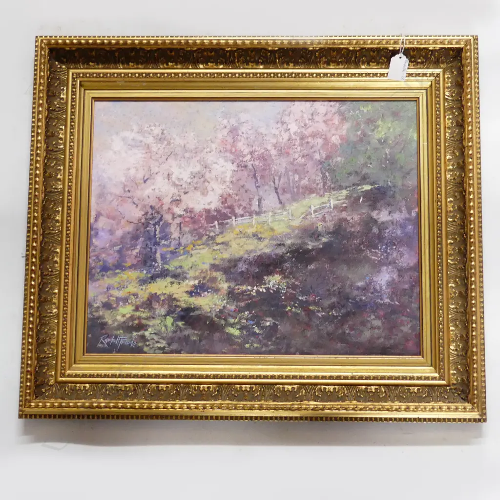 RANDALL FROUDE, IMPRESSIONIST BLOSSOM TREES IN MEADOW, OIL ON BOARD, SIGNED, 440 X 350MM Image 1++